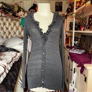 Ruffled V-Neck Button Cardigan - Gray